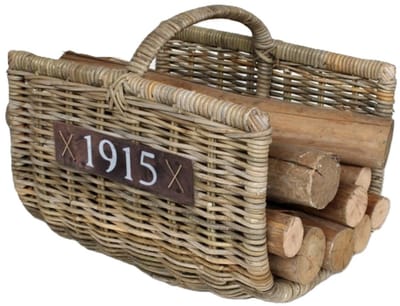 Van der Leeden Haardmand - bruin - L40 x B50 x H40 cm - rotan - met hengsel - gevlochten - haardhout opslag mand - opbergmand haardblokken