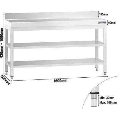 GGM Gastro Edelstahl Arbeitstisch PREMIUM - 1600x600mm - mit Grundboden, Aufkantung & Zwischenboden Zilver