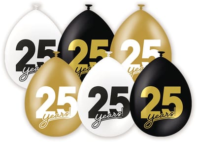 LUQ – Latex Ballonnen Celebration 25 Jaar – 6 Stuks – Zwart-Wit-Goud – Luxe Verjaardag Feest Versiering – Helium Ready