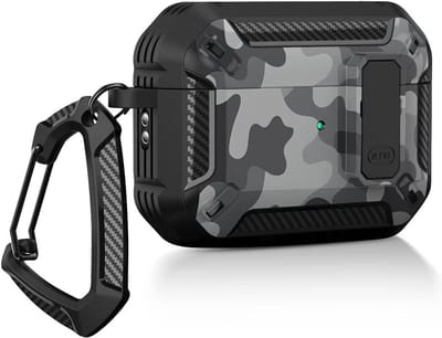 Case Cover AirPods Pro - Stofdichte hoes met afsluitdeksel en sleutelhangerhaak - Schokbestendig - Camouflage Grijs