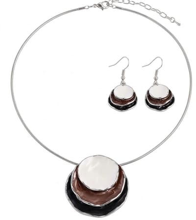 Zilverkleurige ketting met ronde hanger en oorbellen voor dames – sieradenset met meerlaagse schijven in wit, bruin en zwart