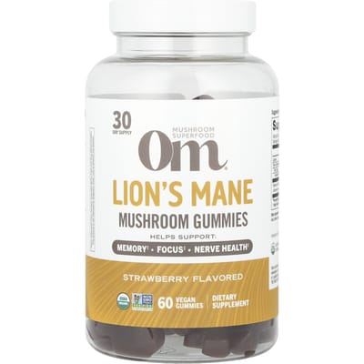 Om Mushrooms, Helicoptera paddenstoelgummies, aardbeien, 60 veganistische gummies
