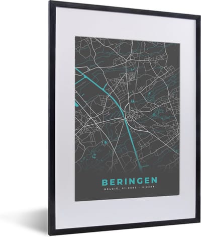 Fotolijst incl. Poster - Stadskaart – Grijs - Kaart – Beringen – België – Plattegrond - 30x40 cm - Posterlijst