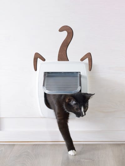 Deur decoratie - Door decoration | Kattenluik 15 x 20cm Cat door | Donker hout - Dark wood | Kattenaccessoires - Cat accessories - Kitty Pass - Interior - Fancy Cats - Kattenflap