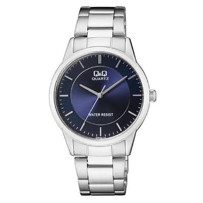 Q&Q QA44J202Y - Horloge - Analoog - Mannen - Heren - stalen band - Rond - Metaal - Streepjes - Zilverkleurig - Blauw