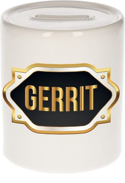 Spaarpot met voornaam Gerrit - wit - met goud/zwart embleem - 8 x 9 cm - keramiek - met afsluitdop - cadeau verjaardag