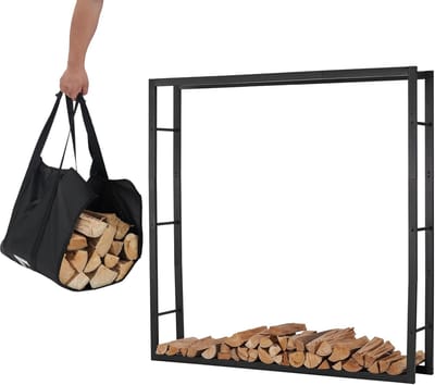 Online brandhoutrek met draagtas voor binnen en buiten - Houtopslag - Zwart metaal (148x25x148cm)