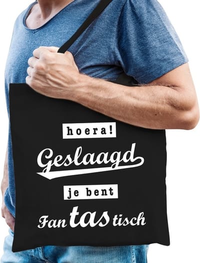 Kadotas Hoera! geslaagd je bent fanTAStisch zwart katoen - cadeautas geslaagden
