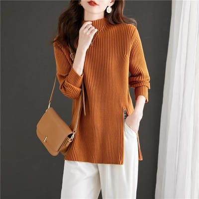 Nieuwe Winterstijl Halfcol Trui met Effen Kleur voor Dames Pullover Trui met Losse en Veelzijdige Lange Mouwen 3XL oranje