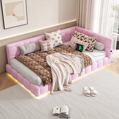 Sweiko Slaapbank, 90*200 cm, met lattenbodem zonder matras, LED-verlichting, opladen via USB +Type-C, wolachtig materiaal, roze