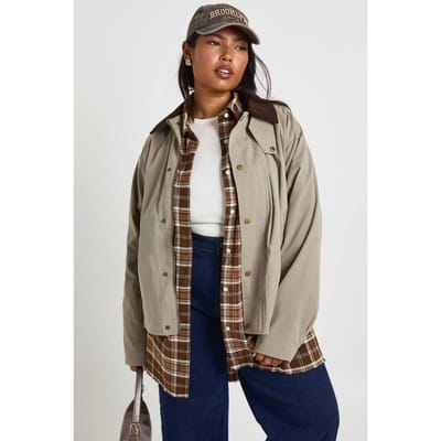 boohoo Dames Plus Cordkraag Schuurjasje | Kaki | Maat: 46
