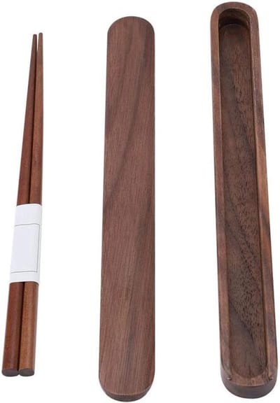 Allecto Plus - Draagbare milieuvriendelijke houten eetstokjesopbergdoos met paar eetstokjes voor thuis, kantoor, school en reizen. Eco-vriendelijke eetstokjeskoffer voor camping en