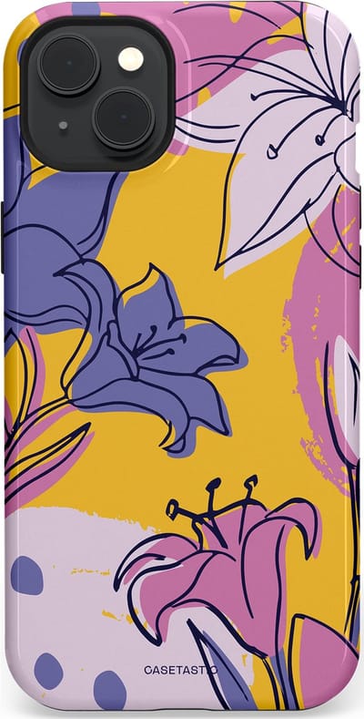 Casetastic Hoesje Geschikt voor Apple iPhone 15 Plus Magsafe - Stijlvolle Beschermende Duo-layer Case - Paarse Lelie Kunst