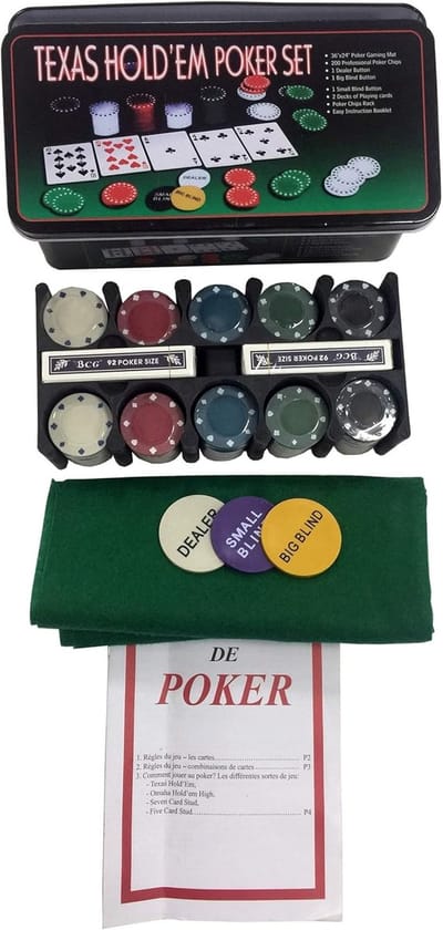 Thijox - Texas Hold'em Pokerset voor 2 of Meer Spelers - Compleet met Speelmat, 200 Chips, 2 Sets Speelkaarten, Blind Knoppen en Handleiding - Perfect