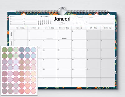 Kalender 2026 - (A4+) - 48 morandi stickers - Bloemen - Belgische Feestdagen