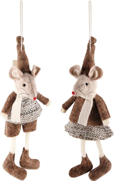 Dekoratief | Hanger muisje m/sjaal, beige/bruin, stof, 5x5x15cm, set van 2 stuks | A245730