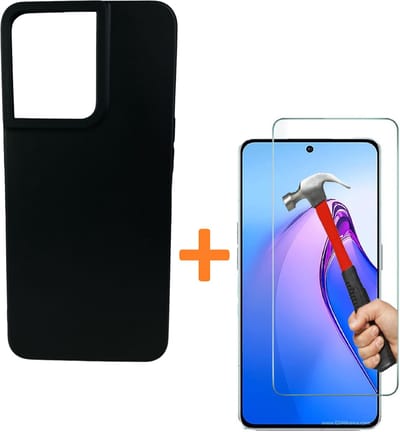 Backcover Hoesje Geschikt voor: OPPO Reno 8T Zwart TPU Silicone Soft Case + 1X Tempered Glass Screenprotector
