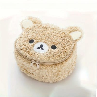 Sac à Maquillage Ours Mignon en Peluche Sac de Rangement Portable pour Articles de Toilette Poignée de Levage Fermeture Éclair Intercalaire Sac Intérieur en Maille beige