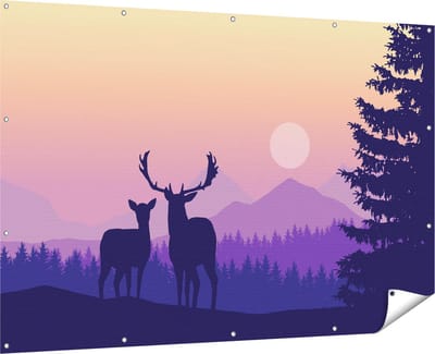 Gards Tuinposter Twee Herten - Zonsondergang - Silhouet - 180x120 cm - Tuindoek - Tuindecoratie - Wanddecoratie buiten - Tuinschilderij