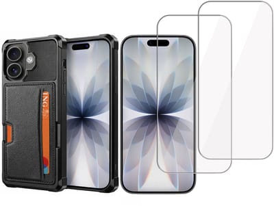 Pasjes Houder Hoesje & 2x Screenprotector geschikt voor iPhone 17 Hoesje Screenprotector - Gehard Glas Cover + Heavy Duty Case - Magnetisch Portemonnee Hoesje Cover - Zwart