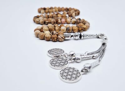 Handgemaakte tesbih "Tasbih" natuursteen "Picture Jasper" - Aantal kralen 99 - Diameter kralen 8MM - met metaal tassel "Harmonie" - Een mooi cadeau-idee