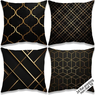 4-delige decoratieve kussensloopset in zwart en goud met geometrisch patroon, moderne stijl met ritssluiting, ideaal voor woonkamerdecoratie 50x50cm