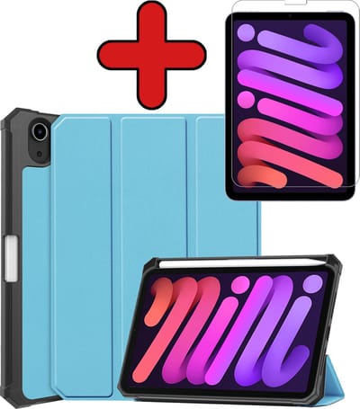 Hoesje - Geschikt voor Apple iPad Mini 6 (2021) - 8.3 inch - 6e Generatie - Met Screenprotector - Trifold Bookcase Hoes - Hard Cover Case - Met Uitsparing Geschikt voor Apple Pencil - Hardcover Book - Tablethoes - Lichtblauw