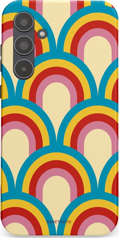 Casetastic hoesje geschikt voor Samsung Galaxy A55 - Dubbellaagse bescherming - Retro regenboog - Fashion Case - Lichtblauw Crème Goud Rood