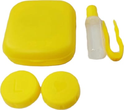 DrPhone Organizer - Contactlenzen Opbergdoosje – Ingebouwde Spiegel – Lenzenzuignap – Pincet - Lenzenvloeistof Flesje – Geel