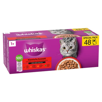 48 x 85 g 1+ Adult Maaltijdzakjes Klassieke selectie in saus: Rund, Lam, Gevogelte + Kip Whiskas Kattenvoer