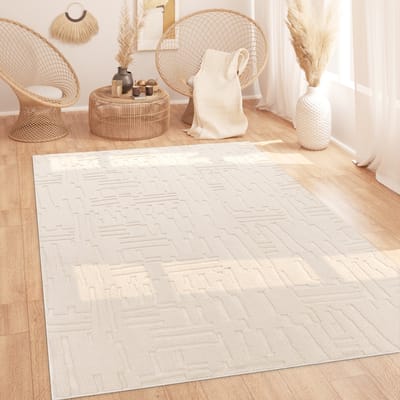 Paco Home Vloerkleed Woonkamer Hoogpolig Scandinavisch Boho Geometrisch Abstract Wasbaar Crème 120 cm Rund
