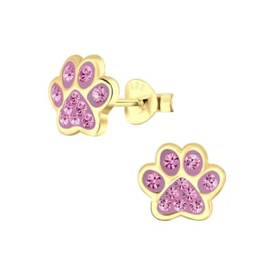 Zilveren oorbellen - gold plated dierenpoot met roze kristallen