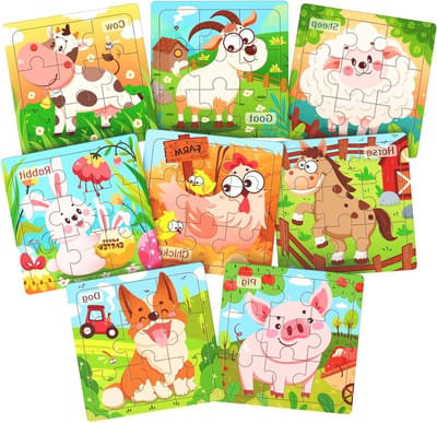 Houten Puzzels - Boerderijdieren Puzzels - Peuter Educatie - 8 Verschillende Puzzels - 9 Delen - Multicolor