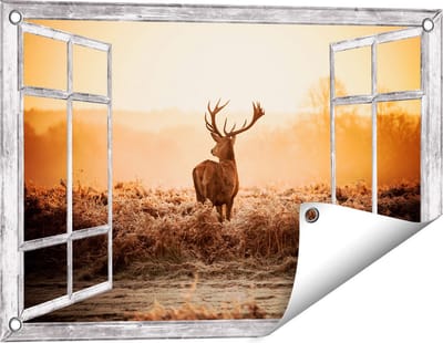 Gards Tuinposter Doorkijk Hert in de Wei tijdens de Zonsopkomst - 60x40 cm - Tuindoek - Tuindecoratie - Wanddecoratie buiten - Tuinschilderij