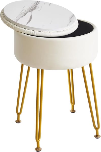 Kunstlederen Ronde Voetsteun Kruk met Opslag - Make-up Stoel bijzettafel met Verwijderbare Cover en Gouden Stalen Poten
