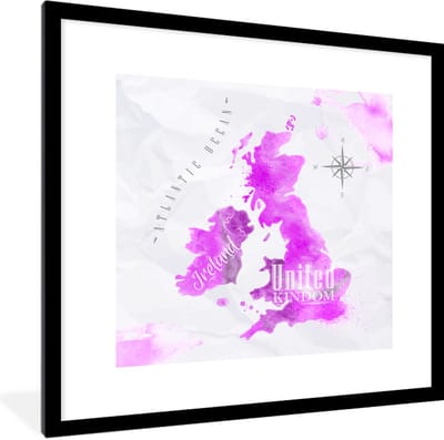 Poster in lijst - Fotolijst 40x40 cm - Posters - Wereldkaart - Engeland - Roze - Posterlijst zwart - Decoratie - Wanddecoratie woonkamer - Muurdecoratie slaapkamer