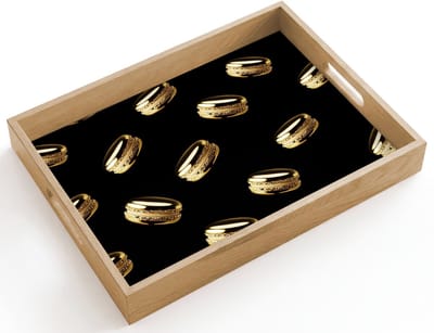 Dienblad hout 40x30 cm - Schootdienblad - Macarons - Patroon - Goud - Zwart - Borrelplank rechthoek - Plateau dienbladen