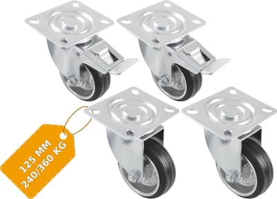 AMIG Zwenkwielen 125mm Set van 4 Rem+Zonder - 360kg Rubber Meubelwiel