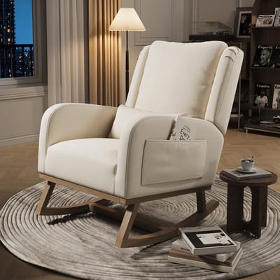Schommelstoel, fauteuil voor woonkamer met kussen, opbergvakken aan beide armleuningen, relaxstoel, leesstoel, katoen-linnen stof, beige