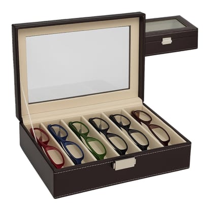 Lomera Brillendoos voor 6 Brillen - Lederlook Brillendoos - Chique Lederlook - met Sluiting - Donkerkleurige Brillendoos - Brillen Opbergdoos - Brillen Organizer - Brillen Opbergen - Luxe Opbergdoos - Opbergbox voor Brillen - Brillen Opbergbox