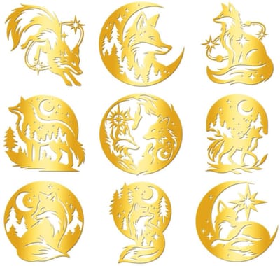 Dailygoods- Decoratieve Stickers Goud - 9 Stuks - Waterdicht - Zelfklevend - Vos/Maan/Ster - 4 cm x 4 cm - Metalen Decoratie - Decoratiestickers