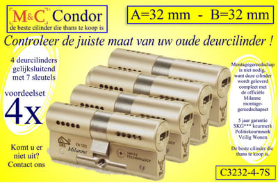 M&C Condor - High Security profideurcilinder deurcilinder - SKG*** - 4 STUKS GELIJKSLUITEND  - 32x32 mm - met 7 sleutels - Politiekeurmerk Veilig Wonen  -  inclusief gereedschap montageset