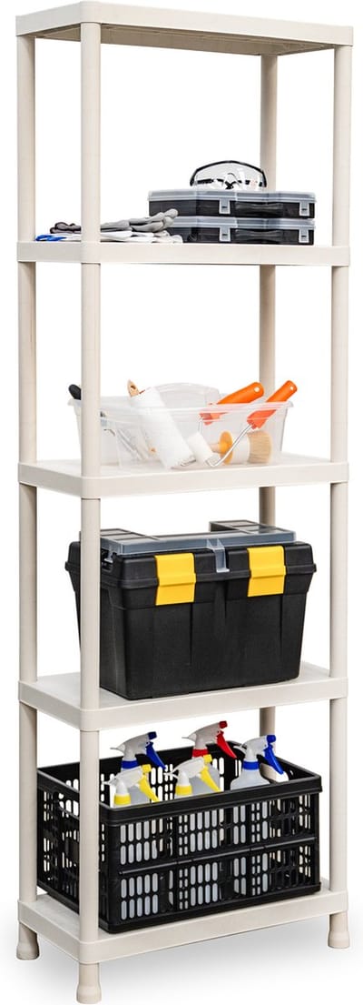 Plasticforte opbergrek schuur/zolder - kunststof - beige - 60 x 30 x 180 cm - met 5 planken - stellingkast voor berging
