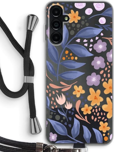 Case Company® - Hoesje met koord geschikt voor Samsung Galaxy A14 hoesje met Koord - Flowers with blue leaves - Telefoonhoesje met Zwart Koord - Bescherming aan alle Kanten en Over de Schermrand