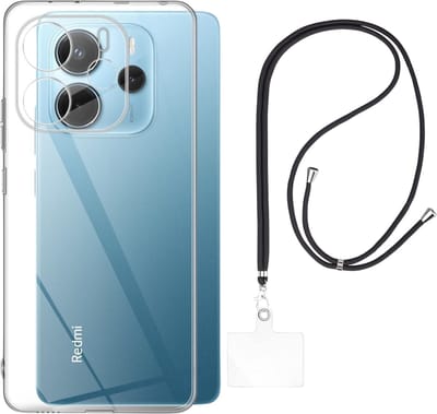 Set met hoesje en nekband voor xiaomi redmi note 14 4g gb version - Flexibele, transparante TPU-bescherming, verstelbare universele nekband voor mobiele telefoons, zwarte nekband, transparante draagriem van Phonillico®