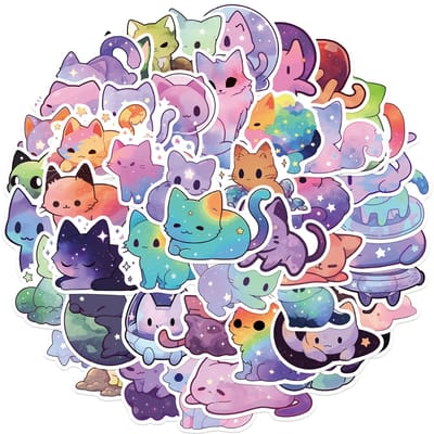 50 Pièces Stickers Chat Ciel Étoilé Arc-en-ciel Dessin Animé, Mignons Stickers Chat Esthétiques Imperméables pour Bouteille d'Eau, Ordinateur Portable, Téléphone, blue