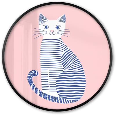Poster in lijst Rond - Fotolijst 60x60 cm - Posters - Kat - Illustratie - Minimalistisch - Roze - Ronde posterlijst zwart - Decoratie - Wanddecoratie woonkamer - Muurdecoratie slaapkamer