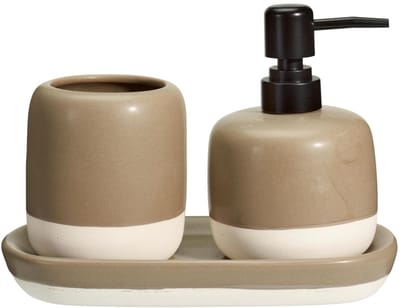Bathroom Solutions Zeeppompje / dispenser met drinkbeker Messina - beige - kunststeen - 12 x 22 x 15 cm