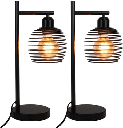 Glitzerlife - Tafellamp Bedlampje - 2 Stuks Bureaulamp - Vintage Industrieel Retro - Metaal Tafellamp - E27 Fitting Max 60W - Veervormige Lampenkap - Metaal - Ø15cm - Zwart