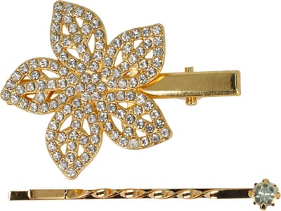 Haarsoires Haarspeld Duckklem & Schuifspeldje 5cm – Bloemvorm met Strass Steentjes – Goud – Set van 2 - Sterke Haarclip voor Styling & Dagelijks Gebruik - Hair Clip - Decoratieve Haaraccessoire